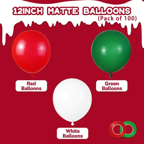 Miniatura 2 de 100 unidades de globos de Navidad rojos y verdes de 12 pulgadas, globos de látex rojos, verdes y blancos con 65 pies de cinta para decoraciones