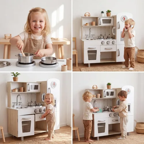 Miniatura 6 de MAMIZO Juego de cocina para niños, cocina preescolar, juguete de madera para niños pequeños con nevera, estufa, utensilios de cocina, teléfono