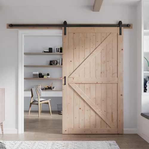 FREDBECK - Puerta de granero de madera de 48 x 84 pulgadas con kit de herrajes para puerta de granero de 8 pies incluido, forma K, panel de abeto