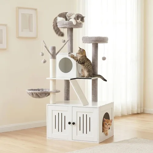 Miniatura 8 de VINGLI Cat Tree Tower with Litter Box, 54" H All-in-1 Wooden Cats Condo, Cat Tower wih Scratching Posts, Houses for Indoor Kittens Hidden Cat
