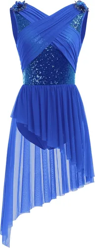 Miniatura 5 de ODASDO Elegante vestido de baile lírico para mujer, manga casquillo de encaje, falda de tul asimétrica, leotardo, disfraz contemporáneo, XS-XL