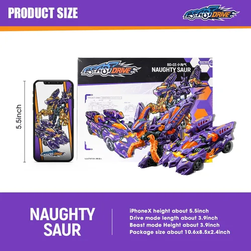Miniatura 6 de 52TOYS Beastdrive BD-03 Naughty Saur - Figura de acción de juguete de deformación, juguetes de conversión en vehículo y bestia, regalo perfecto