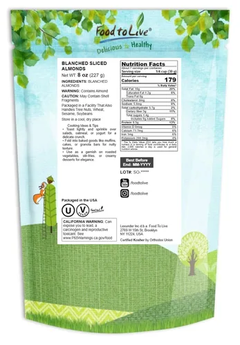 Miniatura 2 de Almendras en rodajas blanqueadas, 8 onzas – Almendras crudas en rodajas finas, veganas, keto, kosher, a granel. Alto en vitamina E, riboflavina.