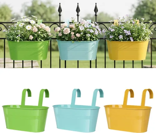 Miniatura 12 de Macetas de barandilla de metal para plantas al aire libre – 5 macetas colgantes de balcón con ganchos desmontables y agujeros de drenaje, macetas