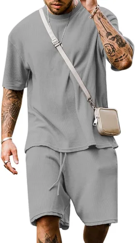 Babioboa Conjunto de camiseta y pantalones cortos de manga corta para hombre, 2 bolsillos, de gran tamaño, de dos piezas, casual, uso diario