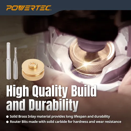 Miniatura 2 de POWERTEC Kit de incrustaciones de latón para enrutador con juego de guía de buje + pasador de centrado, collar y broca de carburo sólido de 1/8