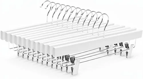 Miniatura 16 de HOUSE DAY Paquete de 25 perchas de madera de alta calidad para pantalones, perchas de falda de madera de loto maciza con 2 clips ajustables, Blanco