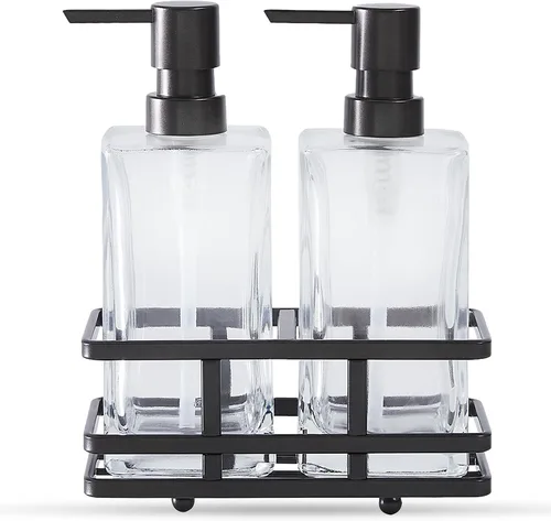 Miniatura 7 de Juego de dispensador de loción y jabón de vidrio cuadrado transparente con bomba y soporte de metal para baño, cocina, hogar, oficina, viaje, hotel