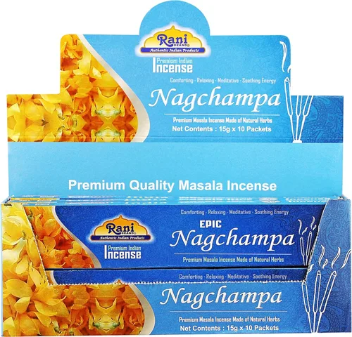 Rani Brand Authentic Indian Products Epic Nagchampa Incienso (0.53 oz x 10 paquetes, total 100 varillas) para Puja, meditación y fragancia casera