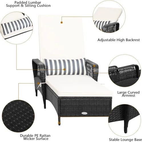 Miniatura 8 de HAPPYGRILL Tumbona de patio al aire libre de mimbre reclinable con cojín grueso, almohada lumbar, respaldo ajustable para jardín, porche, césped