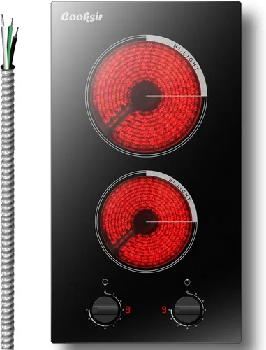 Estufa eléctrica de 2 quemadores de 12 pulgadas, encimera eléctrica incorporada de 3000 W, estufa eléctrica radiante con 9 niveles de potencia,