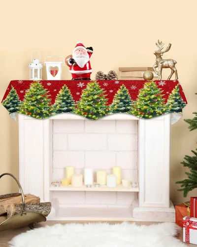 Miniatura 2 de Red Christmas Fireplace Mantel Scarf Cover, Winter Pine Tree Snowflakes Xmas Mantel Shelf Top Scarf Christmas Runners for Fireplace Christmas Decor