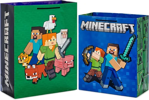 Hallmark Paquete de bolsa de regalo Minecraft (2 bolsas: bolsa azul grande de 13 pulgadas, 15 pulgadas extra grande verde) para cumpleaños, Navidad,