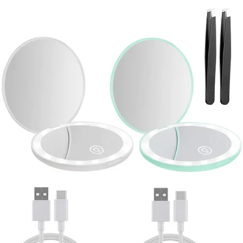 Miniatura 11 de Espejo compacto con luz LED, espejo recargable con aumento 1x/10x, 3.5 pulgadas, espejo de viaje regulable para bolso, bolsillo, espejo de Oro rosa