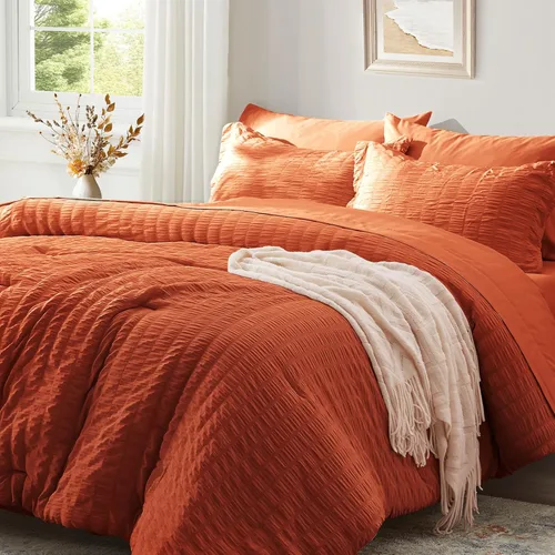 Miniatura 2 de Zzlpp Juego de edredón King de 7 piezas, ropa de cama de seersucker naranja quemado en una bolsa con sábanas, juegos de ropa de cama ligeros con 1