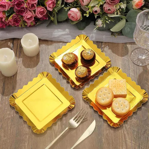 Miniatura 2 de Efavormart - Paquete de 50 platos de papel de aluminio dorado con borde festoneado de 5 pulgadas, mini platos de postre geométricos cuadrados