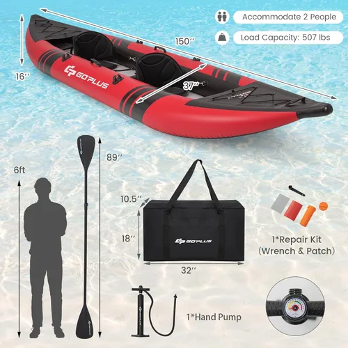 Miniatura 6 de Goplus Kayak inflable, juego de kayak para 2 personas para adultos con capacidad de peso de 507 libras, 2 remos de aluminio, asiento acolchado