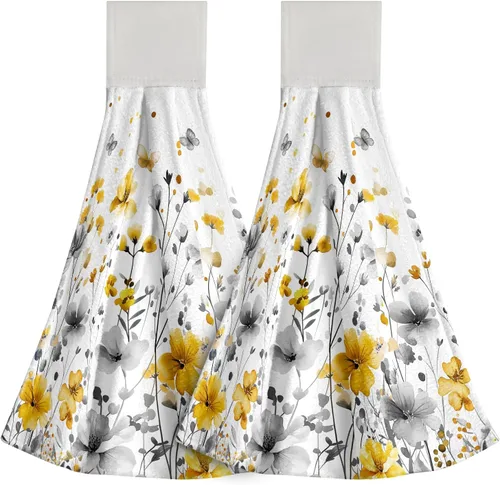 Miniatura 33 de Poppy Flower Hanging Hand Towels Set of 2,17x12 Inch Watercolor Chinoiserie Yellow Black Floral Soft Absorbent Dish Cloth Tie Towel for Kitchen
