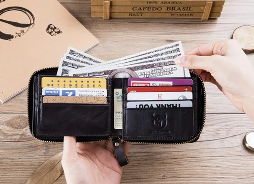 Miniatura 6 de BULLCAPTAIN Cartera de cuero genuino con cremallera para hombre bloqueo RFID cremallera segura y plegable alrededor de carteras cartera