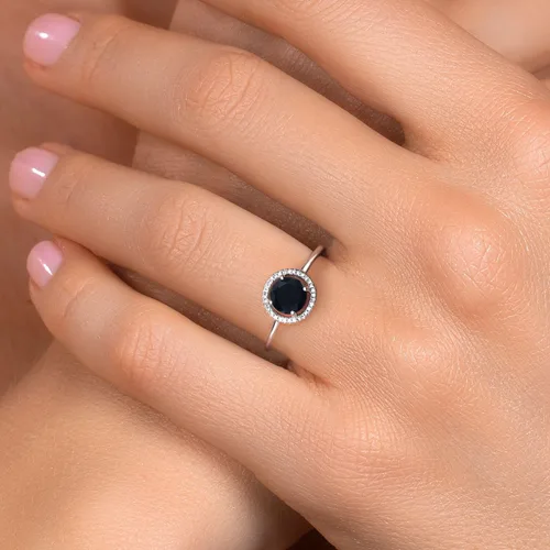 Miniatura 17 de Gem Stone King Anillo de compromiso de boda de oro blanco de 10 quilates con piedra natal y halo de diamantes Redondo de 0.236 in Anillo de oro