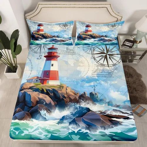 Miniatura 34 de Erosebridal Juego de sábanas bajeras de pulpo oceánico, tamaño individual, juego de ropa de cama temática de playa costera, decoración náutica