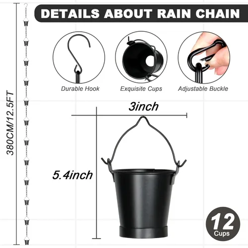 Miniatura 2 de Invech Cadenas de lluvia ajustables de 12.5 pies para canalones, cadenas de lluvia exteriores con 12 tazas, cadena colectora de lluvia