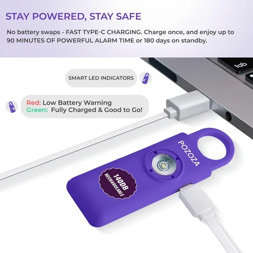 Miniatura 5 de Alarma Personal Recargable USB-C de 140dB Más Ruidosa en Llavero para Mujeres – Indicador de Batería Baja, Luz Estroboscópica y Botón de Pánico