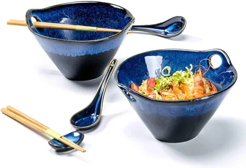 Miniatura 11 de Henten Home Juego de 2 cuencos de ramen de 20 onzas, cuencos de cerámica japoneses para fideos, cuencos profundos de porcelana con palillos