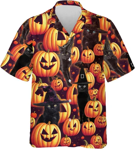 Miniatura 11 de Camisa hawaiana de gato negro para hombre, camisa de noche de Halloween, camisa de manga corta con botones (MP_HW_66)