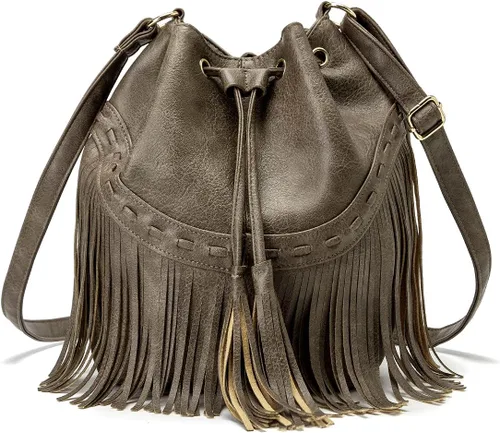 Bolsos de cuero para mujer, bolsos cruzados con flecos con cordón para mujer, borla y bolsos de hombro