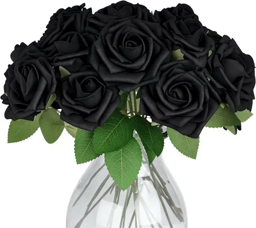 JOHOUSE 20 rosas negras con tallo y 10 cabezas de rosas decorativas – Decoración gótica para el hogar y arreglos florales de boda centros de mesa