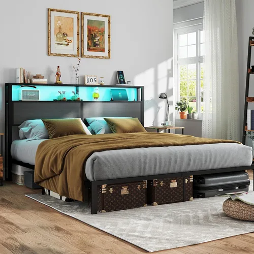 Miniatura 13 de Base de cama tamaño completo con cabecero, estructura de cama de plataforma metálica con luces LED y estación de carga, almacenamiento debajo