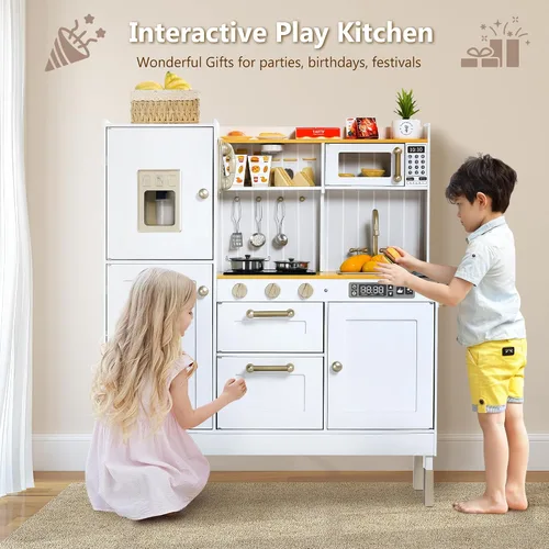 Miniatura 9 de Kinder King Cocina de madera para niños, juego de cocina para niños pequeños, juego de juguetes de cocina con sonidos reales, horno microondas