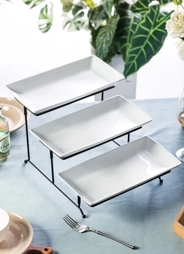 Miniatura 9 de LYEOBOH Juego de soporte y bandejas escalonadas, soporte grande para bandeja escalonada, bandeja para servir de 3 niveles con estante plegable más
