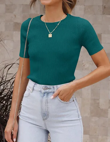 Miniatura 8 de ZESICA Camiseta de manga corta con cuello redondo y punto acanalado para mujer, ajustada, camiseta básica de verano 2023 de color sólido