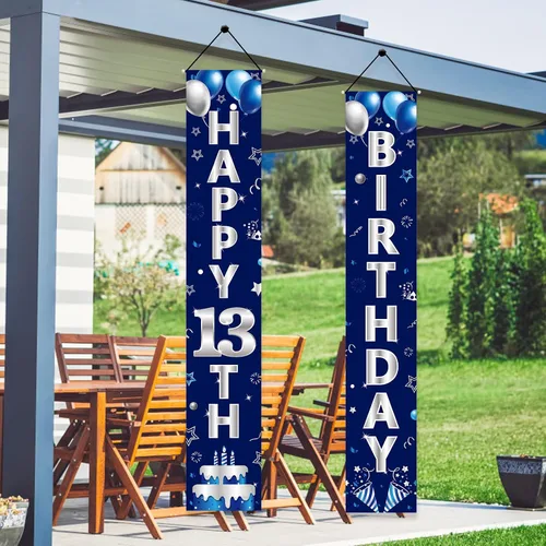 Miniatura 5 de Turypaty Cartel azul plateado para puerta de cumpleaños número 13, pancarta de feliz cumpleaños 13 para niños, suministros de fiesta de cumpleaños