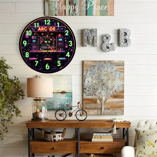 Miniatura 4 de Mini reloj arcade retro de arte neón de madera de 10 pulgadas, movimiento silencioso, funciona con pilas (AA pilas no incluidas), decoración