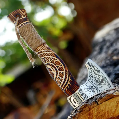 Miniatura 7 de SHINY CRAFTS® Hacha vikinga hecha a mano – Hoja nórdica grabada con mango de madera, regalo único para hombres, coleccionistas y entusiastas