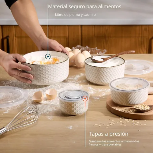 Miniatura 2 de KooK Tazones para servir, con tapas, cuencos de cerámica para anidar, juego de 4, en relieve, cocina, preparación, apilables, regalo, aptos