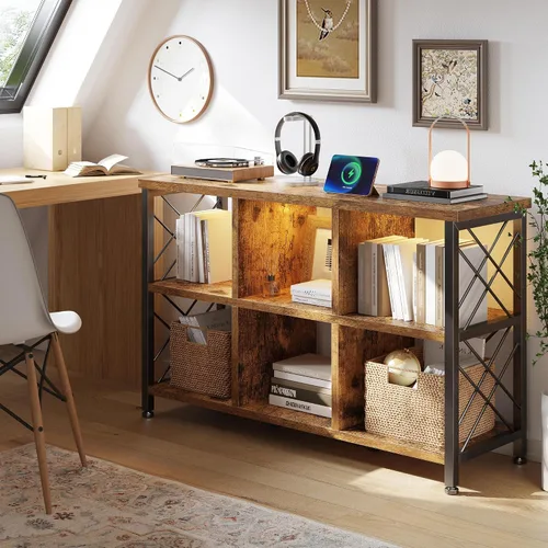 Miniatura 7 de DurayLoly Organizador de almacenamiento de 6 cubos con luz LED y estación de carga, estante de cubos de madera y metal, estante de libros horizontal