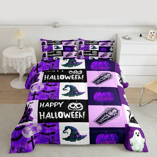 Miniatura 11 de Juego de edredón rosa con temática de Halloween, tamaño individual, edredón de farol de calabaza para adolescentes, juego de ropa de cama de Multi