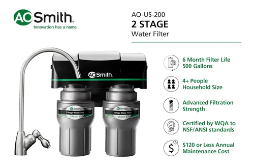 Miniatura 2 de AO Smith Filtro de grifo de agua limpia para debajo del fregadero de 2 etapas - Sistema de filtración de agua potable con bloque de carbono