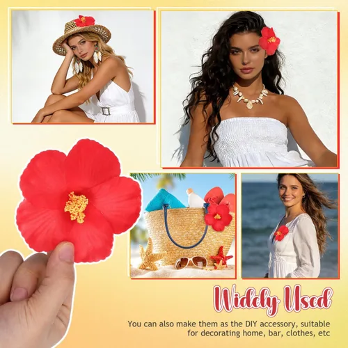 Miniatura 6 de Garneck 10 flores artificiales de hibisco, flores tropicales de imitación, flores de hibisco falsas rojas, plumeria vívida para Hawaii Luau mesa