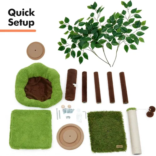 Miniatura 9 de Woochpet Árbol pequeño para gatos con poste rascador y pista de bolas, torre verde para gatos con hojas realistas para gatitos y gatos pequeños