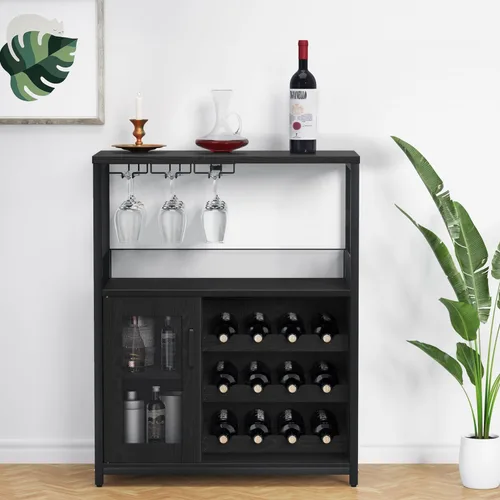 IDEALHOUSE Armario de bar de vinos de 3 niveles con estante y cajón desmontable para vinos, aparador industrial y gabinete de buffet con soporte de