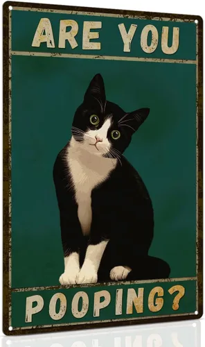 Miniatura 16 de ALKB Letrero de baño con diseño de gato esmoquin, divertido letrero de metal de 8 x 12 pulgadas – Are You Pooping – Decoración de pared de gloria
