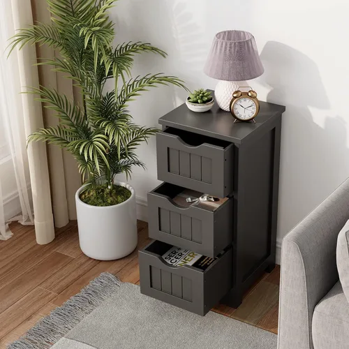 Miniatura 2 de Tangkula Armario de suelo de baño, armario de almacenamiento de madera con 3 cajones, mesa auxiliar moderna, organizador independiente