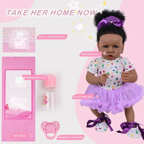 Miniatura 4 de kgniess - Muñecas de bebé recién nacidas realistas, niña negra, muñeca realista de silicona de 22 pulgadas, muñeca recién nacida afroamericana