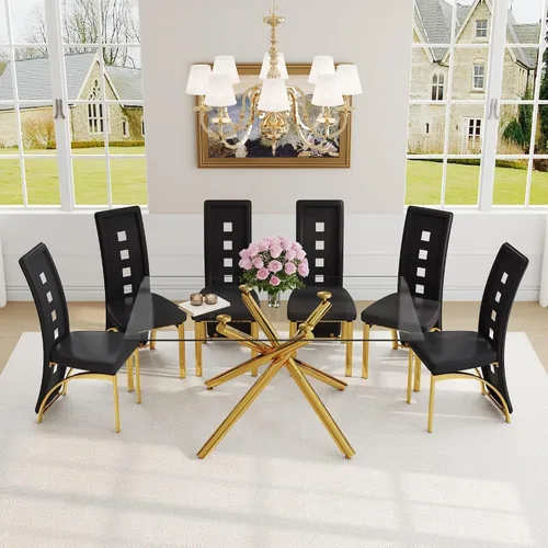 Miniatura 51 de Juego de mesa de comedor moderna para mesa de comedor negra de 4,63 pulgadas, juego de 4 con patas de metal dorado, mesa de cocina rectangular