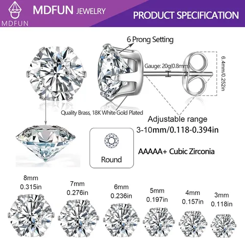 Miniatura 5 de MDFUN Juego de 6 pares de aretes tipo dormilona chapados en oro de 18 quilates, redondos 5A+ con circonita cúbica, hipoalergénicos, circonita cúbica